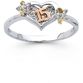 Sonia Jewels 14k White Gold Fifteen 15 Years Birthday Quincea_era Heart Cubic Zirconia CZ Fashion Anniversary Ring