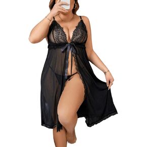 OYOANGLE Women's Plus Size Lace Open Front Nightgown Babydoll Lingerie Sheer Mesh V Neck Chemise Nightwear With Thong