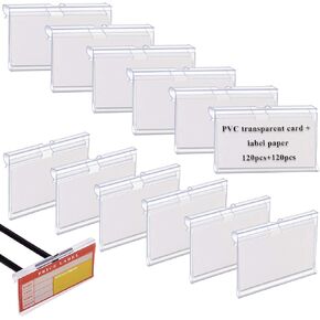 120PCS Clear Plastic Label Holders for Wire Shelf Price Card Tag, Aulufft Transparent Label Holder with 120pcs Paper Labels for Storage Bins Merchandise Sign Display Holders for Supermarket (6x4.2cm)