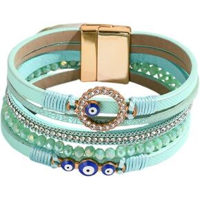 Sparkly Evil Eye Leather Wrap Bracelets for Women Handmade Braided Boho Multilayer Bracelet Wristband Cuff Bangle Boho Bohemian