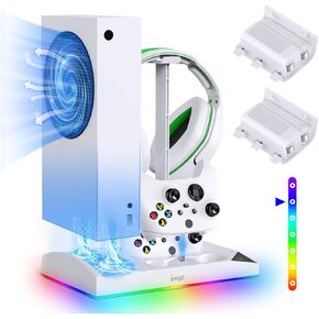 حامل مروحة الشحن والتبريد من Gorixer لأجهزة Xbox Series S، ومحطة شحن وحدة تحكم مزدوجة ونظام تبريد مع 15 وضع إضاءة LED، وخطاف سماعة الرأس، وكابل USB C، وملحقات XSS مع بطاريات 2 × 1400 مللي أمبير في الساعة