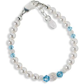 Cherished Moments Sterling Silver Bracelet for Newborn Baby Girls, Toddlers, Kids and Little Girls with High-End Simulated Pearls and Aqua Blue Crystals