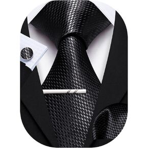 YOHOWA Plaid Men Zipper Necktie Set Extra Long Pre-Tied Tie Clip Set Pocket Square Cufflinks Formal Business Wedding Party