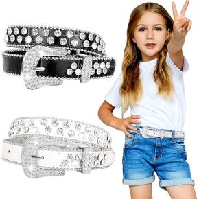 2 Pcs Kids Rhinestone Belt Girls Western Cowboy Belt Toddler Diamond Bling Crystal Studded Artificial Leather Belt