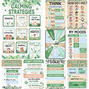 10 Pcs Calming Corner Classroom Poster Eucalyptus Mental Health Poster Calm Down Corner Feeling Chart Emotion Chart Coping Skills Educational Therapy Poster for Classroom Wall Decoration