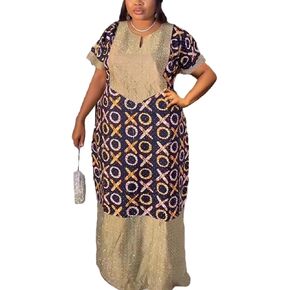 HD African Print Bubu Dress for Woman Rhinestone Pattern Rich Aunty Casual Maxi Gown