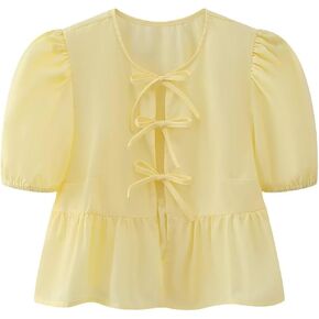 Y2K Tie Front Tops for Women Ruffle Babydoll Peplum Shirt Blouse Puff Short Sleeve Top Summer Going Out
