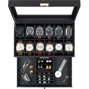 GUKA Watch box, 6 Slot Watch Case, 3 Slot Sunglass Organizer, Watch Cases for men with Real Glass Lid, Watch Organizer storage with Jewelry Case, Birthday for Men and Women, Black