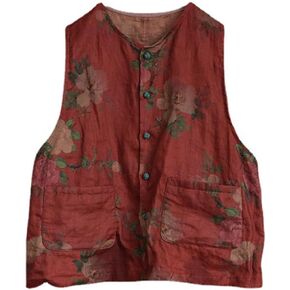 Womens Lightweight Linen Vest Handmade Knot Button Up Printed Sleeveless Blazer Jacket Tops with Pockets
