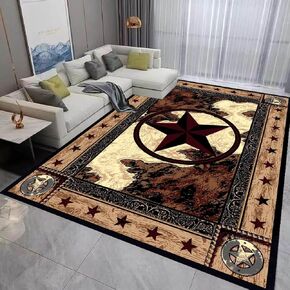 Vintage Rustic Western Texas Star Modern Area Rugs Country Rugs Cowhide Farmhouse Rugs Primitive Large Carpet Non-Slip Floor Mat Doormats Runner Rugs for Living Room Bedroom 5'x7'