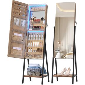 LVSOMT LED Jewelry Mirror Cabinet, Standing Full Length Mirror with Storage, Lockable Jewelry Armoire Organizer with 2 Drawers, Bottom Shelf, Built-in Lighted Makeup Mirror (Brown)