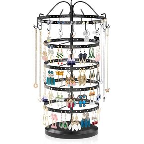5 Tier Earring Holder Organizer, Rotating Earring Holder Stand with 17 Hooks, Metal Adjustable Large Earring Tree Necklace Display Rack (Black)