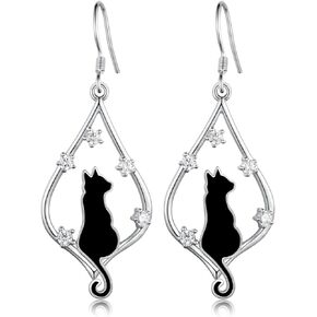 Black Cat Earrings 925 Sterling Silver Cute Black Cat Dangle Earrings for Cat Lovers Black Cat Gifts for Women