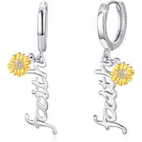 Sunflower Faith Earrings 925 Sterling Silver Faith Cross Hoop Huggie Hypoallergenic You Are My Sunshine Christian Earring Jewelry for Women