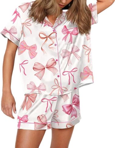 Cute Bow Pajamas for Women Y2k Silk 2 Piece Printed Preppy Pjs Shorts Set Matching Pj Aesthetic Pajamas Shirts Sets in Saudi Arabia