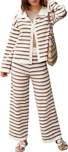 Two Piece Sweater Sets for Women Winter Warm Striped Collared Sweaters and Pants Color Block Button Down Tops S-2XL in Saudi Arabia