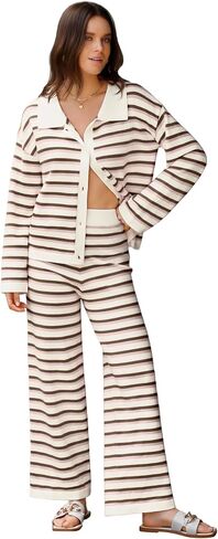 Two Piece Sweater Sets for Women Winter Warm Striped Collared Sweaters and Pants Color Block Button Down Tops S-2XL in Saudi Arabia