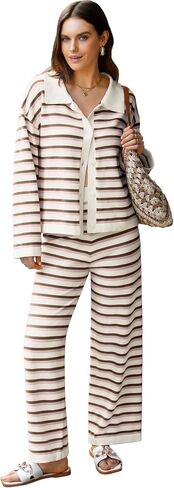 Two Piece Sweater Sets for Women Winter Warm Striped Collared Sweaters and Pants Color Block Button Down Tops S-2XL in Saudi Arabia