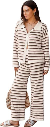 Two Piece Sweater Sets for Women Winter Warm Striped Collared Sweaters and Pants Color Block Button Down Tops S-2XL in Saudi Arabia
