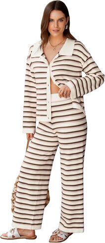 Two Piece Sweater Sets for Women Winter Warm Striped Collared Sweaters and Pants Color Block Button Down Tops S-2XL in Saudi Arabia