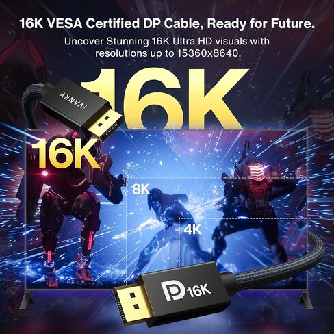 كابل منفذ عرض معتمد من IVANKY VESA 2.1، كابل DP 16K [16K@60 هرتز، 8K@120 هرتز، 4K@240 هرتز]، كابل DisplayPort 2.1 بسرعة 80 جيجابت في الثانية يدعم HDR10، HDCP، ثلاثي الأبعاد، DSC 1.2a، شاشة ألعاب متوافقة، تلفزيون، رسومات (6.6 قدم) in Kuwait