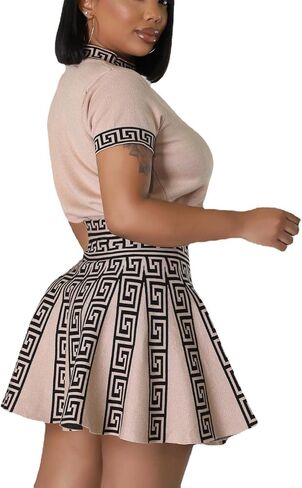 Fashion round neck sleeved pleated skirt two-piece knit printed dress in Saudi Arabia