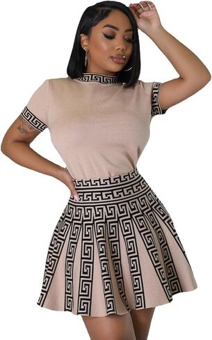 Fashion round neck sleeved pleated skirt two-piece knit printed dress in Saudi Arabia