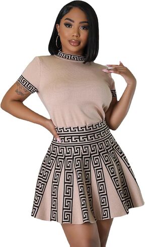 Fashion round neck sleeved pleated skirt two-piece knit printed dress in Saudi Arabia