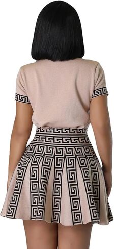 Fashion round neck sleeved pleated skirt two-piece knit printed dress in Saudi Arabia