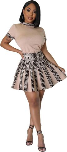 Fashion round neck sleeved pleated skirt two-piece knit printed dress in Saudi Arabia