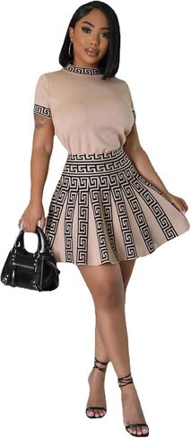 Fashion round neck sleeved pleated skirt two-piece knit printed dress in Saudi Arabia