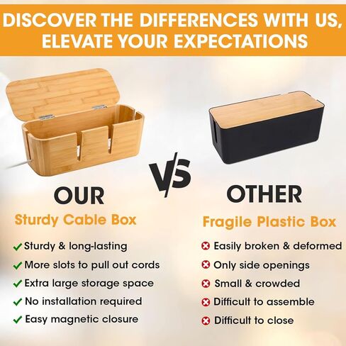 BS-VOG Cable Management Box, Large Bamboo Cord Box Hider to Cover Power Strip, Stylish Cable Organizer Box to Conceal Surge Protector, TV Wires, Chargers on Home Office Desk or Floor, No Installation in Kuwait