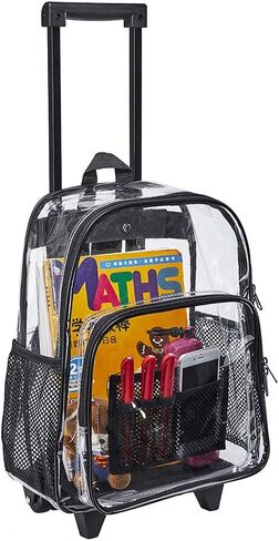 Clearworld Rolling Clear Backpack, Heavy Duty Cold-Resistant Security Transparent PVC Backpack with Wheels (Black) in Kuwait