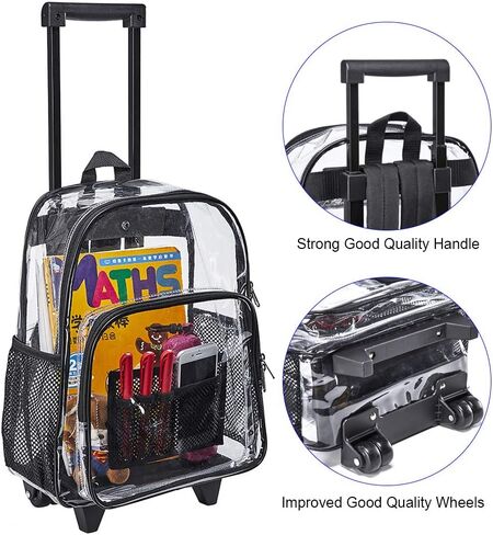 Clearworld Rolling Clear Backpack, Heavy Duty Cold-Resistant Security Transparent PVC Backpack with Wheels (Black) in Kuwait