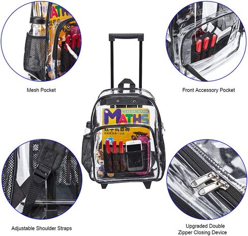 Clearworld Rolling Clear Backpack, Heavy Duty Cold-Resistant Security Transparent PVC Backpack with Wheels (Black) in Kuwait