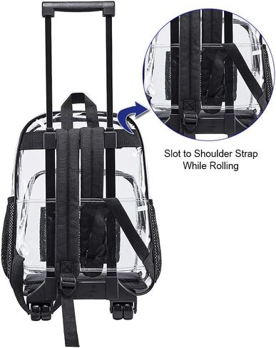 Clearworld Rolling Clear Backpack, Heavy Duty Cold-Resistant Security Transparent PVC Backpack with Wheels (Black) in Kuwait