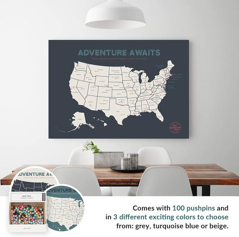 USA State Travel Adventure Map Poster - Includes Push Pins - Grey / 24 x 17 Inches in Saudi Arabia