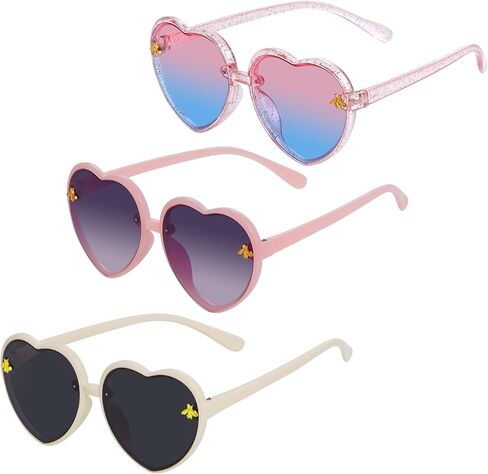 3 Pieces Kids Heart Shaped Sunglasses Stylish Cute Bee Sunglasses for Toddler Girls Age 3-10 Outdoor Beach Eyewear in Saudi Arabia
