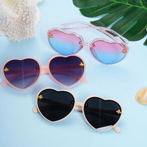3 Pieces Kids Heart Shaped Sunglasses Stylish Cute Bee Sunglasses for Toddler Girls Age 3-10 Outdoor Beach Eyewear in Saudi Arabia
