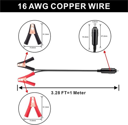 ولاعة السجائر الذكور إلى مقاطع التمساح كابل شاحن البطارية، 16AWG 12V قابس السجائر الثقيلة إلى مقاطع البطارية تمديد كابل المدمج في 15A الصمامات 9.8 قدم in Saudi Arabia