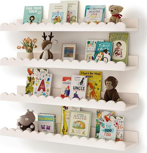 Nursery Book Shelves, 4-Pack White Floating Shelves for Wall Kids, Scalloped Shelves, Wall Book Shelves for Bedroom Kids, Toddler Room, Baby Room, Nursery Decor in Saudi Arabia