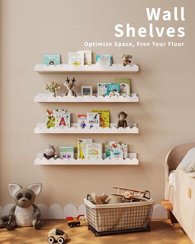 Nursery Book Shelves, 4-Pack White Floating Shelves for Wall Kids, Scalloped Shelves, Wall Book Shelves for Bedroom Kids, Toddler Room, Baby Room, Nursery Decor in Saudi Arabia