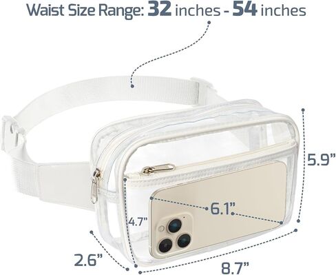 تمت الموافقة على ملعب Clear Fanny Pack - حقيبة حزام شفافة للنساء والرجال حقيبة خصر شفافة كبيرة مع حزام قابل للتعديل للرياضة والشاطئ والأحداث والحفلات الموسيقية والمهرجانات، باللون الأبيض in Kuwait
