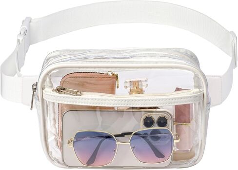 تمت الموافقة على ملعب Clear Fanny Pack - حقيبة حزام شفافة للنساء والرجال حقيبة خصر شفافة كبيرة مع حزام قابل للتعديل للرياضة والشاطئ والأحداث والحفلات الموسيقية والمهرجانات، باللون الأبيض in Kuwait