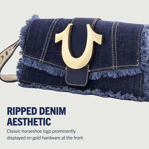 حقيبة كتف نسائية من True Religion، حقيبة يد صغيرة من قماش الدنيم المتآكل مع شعار حدوة الحصان in Saudi Arabia