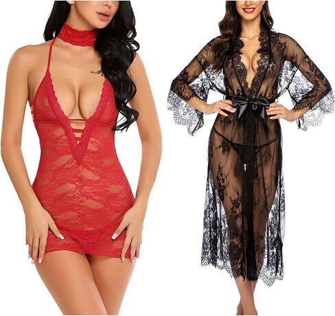 ملابس داخلية نسائية بيبي دول من Avidlove (أحمر داكن، مقاس XX-Large) وكيمونو نسائي طويل (أسود، مقاس XX-Large) in Saudi Arabia