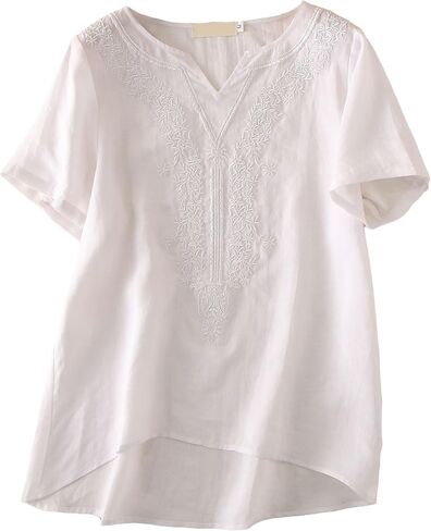 Minibee Women's Linen Shirts Summer Boho Tops Cotton Blouse V Neck Short Sleeve Embroidered Tunic in Saudi Arabia