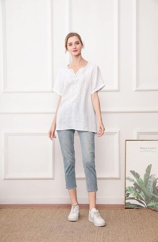 Minibee Women's Linen Shirts Summer Boho Tops Cotton Blouse V Neck Short Sleeve Embroidered Tunic in Saudi Arabia