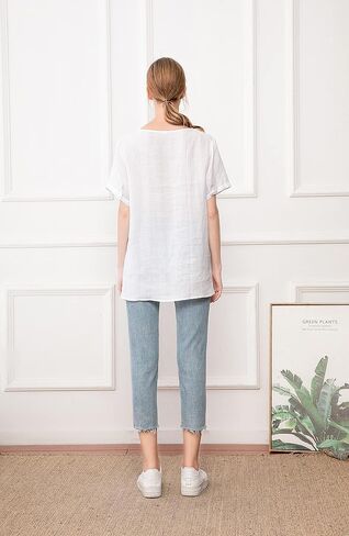 Minibee Women's Linen Shirts Summer Boho Tops Cotton Blouse V Neck Short Sleeve Embroidered Tunic in Saudi Arabia