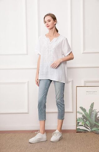 Minibee Women's Linen Shirts Summer Boho Tops Cotton Blouse V Neck Short Sleeve Embroidered Tunic in Saudi Arabia